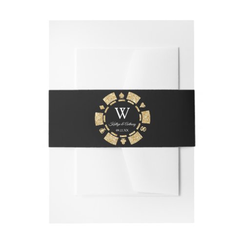 Gold Glitter Monogram Poker Chip Casino Wedding Invitation Belly Band