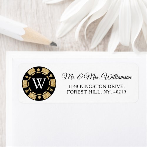 Gold Glitter Monogram Poker Chip Casino Wedding Label