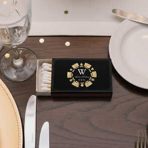 Gold Glitter Monogram Poker Chip Casino Wedding Matchboxes
