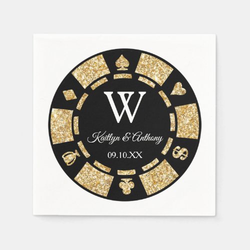 Gold Glitter Monogram Poker Chip Casino Wedding Napkins