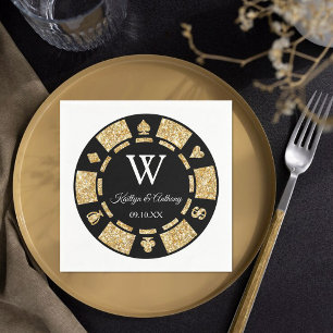 Gold Glitter Monogram Poker Chip Casino Wedding Napkins