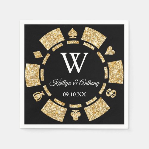 Gold Glitter Monogram Poker Chip Casino Wedding Napkins