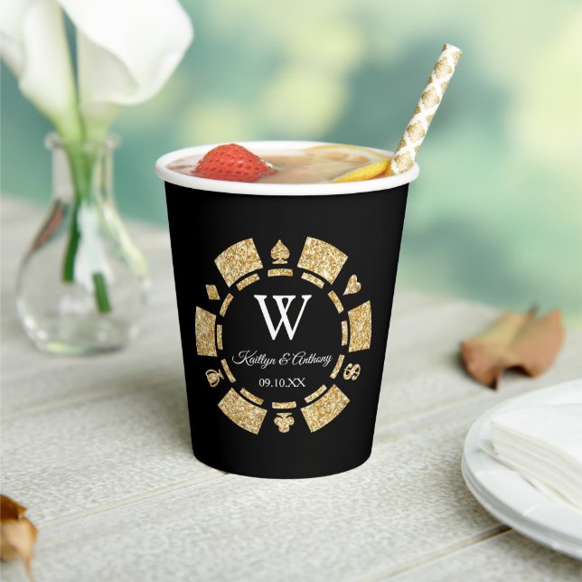 Gold Glitter Monogram Poker Chip Casino Wedding Paper Cups (Insitu)