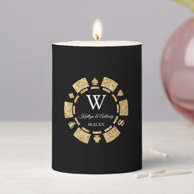 Gold Glitter Monogram Poker Chip Casino Wedding Pillar Candle (In Situ)