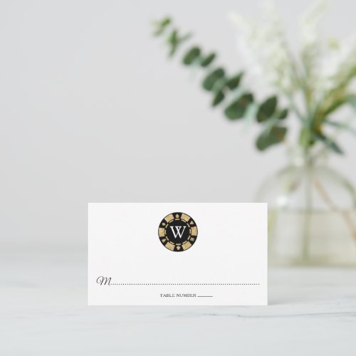 Gold Glitter Monogram Poker Chip Casino Wedding Place Card