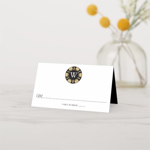 Gold Glitter Monogram Poker Chip Casino Wedding Place Card