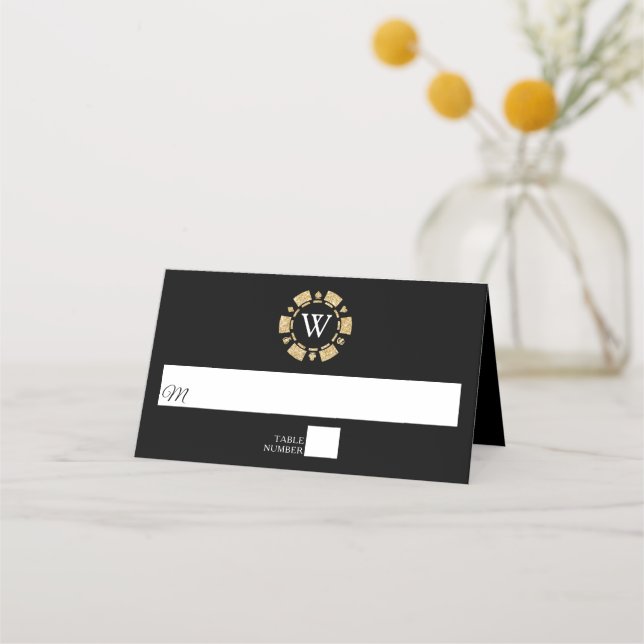 Gold Glitter Monogram Poker Chip Casino Wedding Place Card (Front)