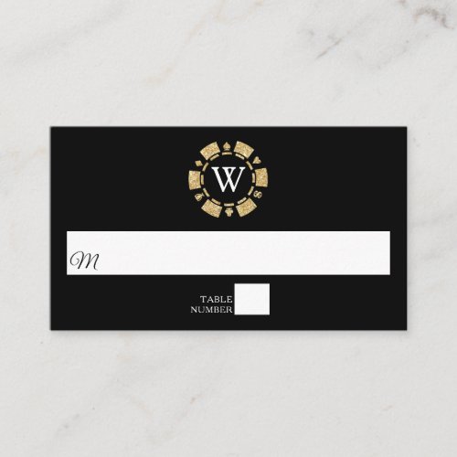 Gold Glitter Monogram Poker Chip Casino Wedding Place Card