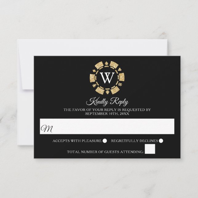 Gold Glitter Monogram Poker Chip Casino Wedding RSVP Card (Front)