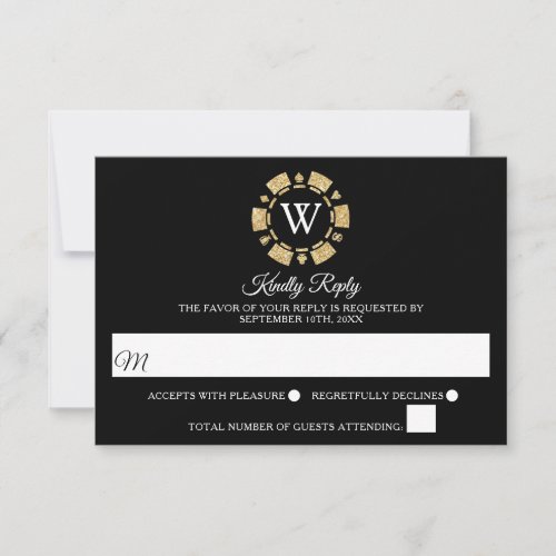 Gold Glitter Monogram Poker Chip Casino Wedding RSVP Card