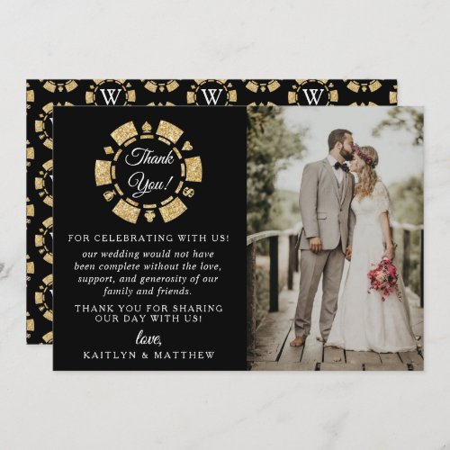 Gold Glitter Monogram Poker Chip Casino Wedding Thank You Card