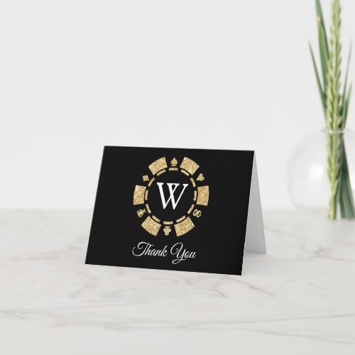 Gold Glitter Monogram Poker Chip Casino Wedding Thank You Card