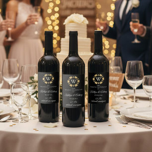 Gold Glitter Monogram Poker Chip Casino Wedding Wine Label