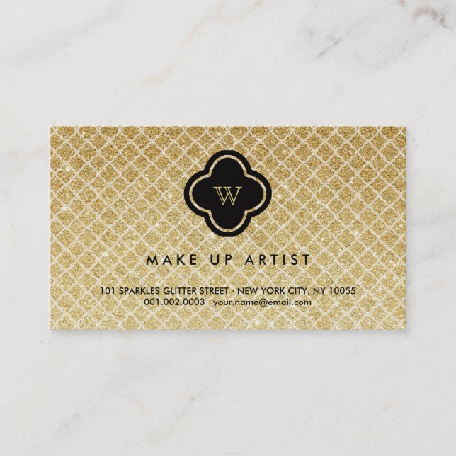 Gold Glitter Monogram Quatrefoil Chic Profile Card (Front)