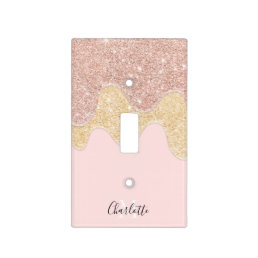 Gold glitter monogram rose gold drips blush pink light switch cover