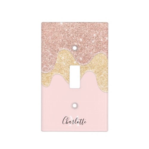 Gold glitter monogram rose gold drips blush pink light switch cover