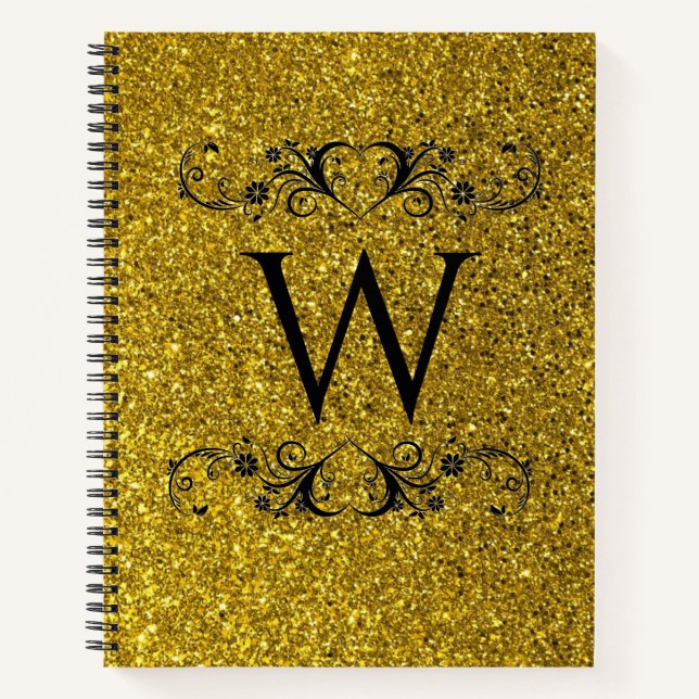 Gold Glitter Monogram Spiral Notebook (Front)