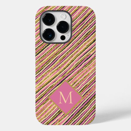 Gold Glitter Monogram Stripes Modern Case_Mate iPhone 14 Pro Case