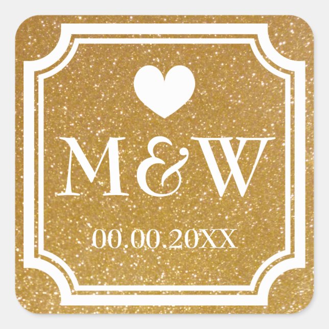 Gold glitter monogram wedding favor stickers seals (Front)