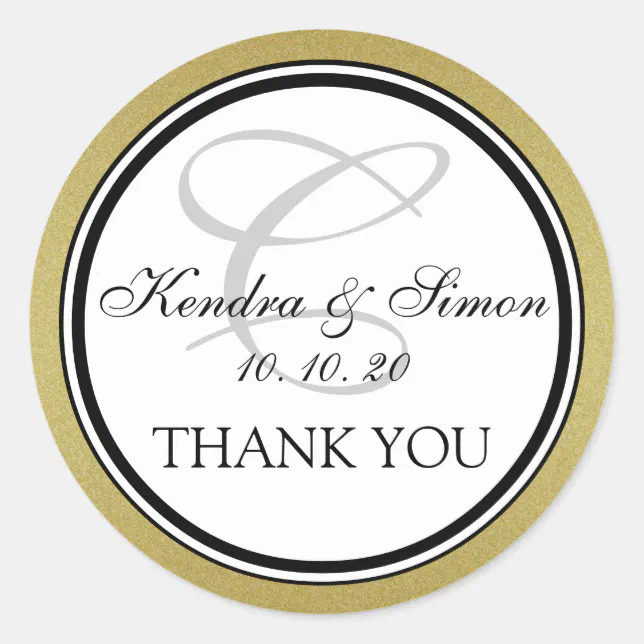 Gold Glitter Monogram Wedding Thank You Sticker | Zazzle