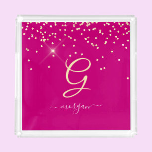 Gold Glitter & Monogram White Script Name, Fuchsia Acrylic Tray