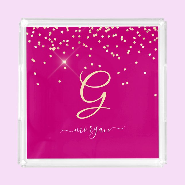 Gold Glitter & Monogram White Script Name, Fuchsia Acrylic Tray (Creator Uploaded)