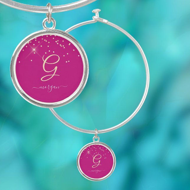 Gold Glitter & Monogram White Script Name, Fuchsia Bangle Bracelet (Creator Uploaded)