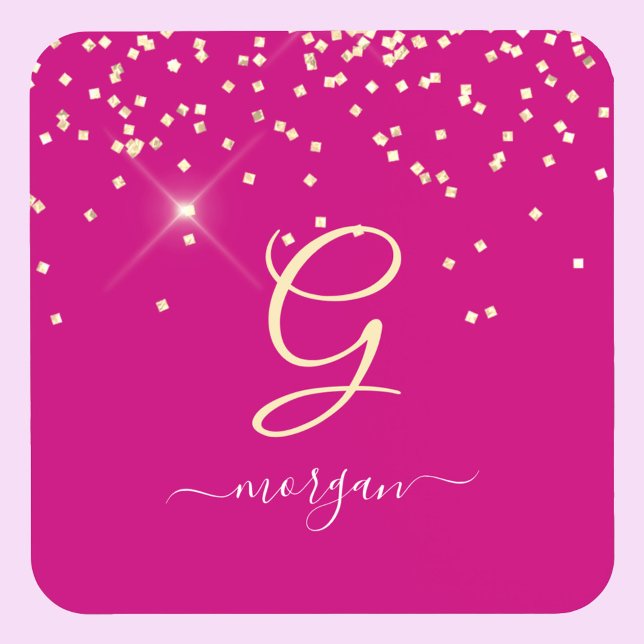 Gold Glitter & Monogram White Script Name, Fuchsia Beverage Coaster (Creator Uploaded)