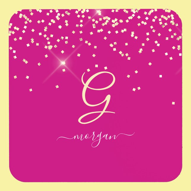 Gold Glitter & Monogram White Script Name, Fuchsia Beverage Coaster (Creator Uploaded)