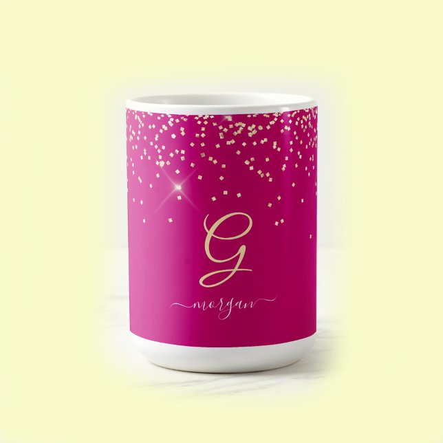 Gold Glitter & Monogram White Script Name, Fuchsia Coffee Mug (Creator Uploaded)