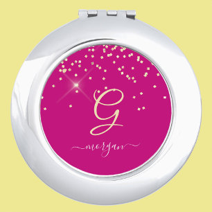 Gold Glitter & Monogram White Script Name, Fuchsia Compact Mirror