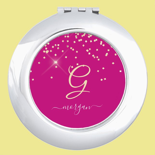 Gold Glitter & Monogram White Script Name, Fuchsia Compact Mirror (Creator Uploaded)