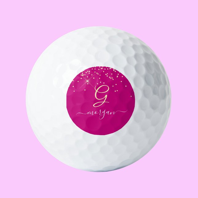 Gold Glitter & Monogram White Script Name, Fuchsia Golf Balls (Creator Uploaded)