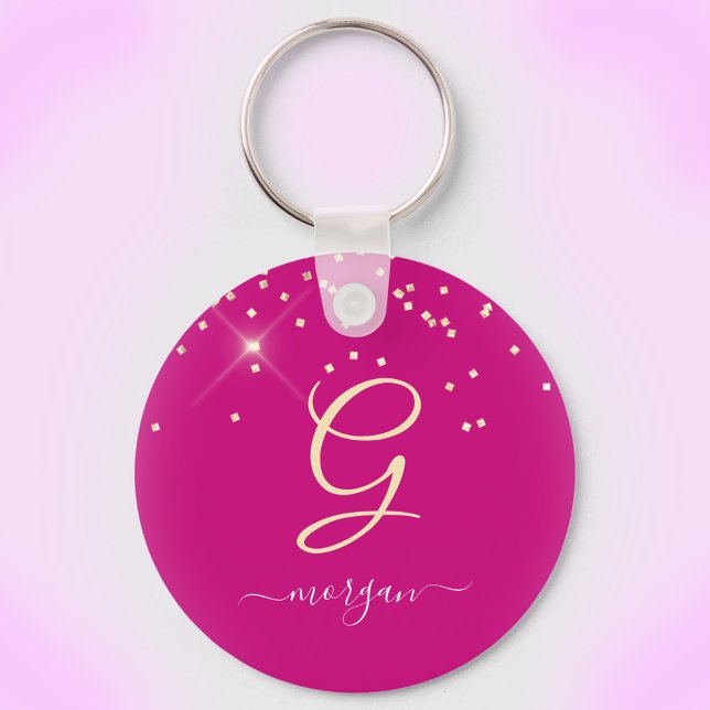 Gold Glitter & Monogram White Script Name, Fuchsia Keychain (Creator Uploaded)