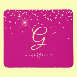 Gold Glitter & Monogram White Script Name, Fuchsia Mouse Pad