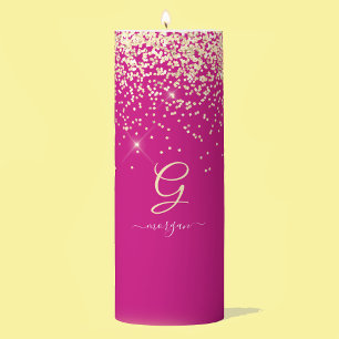 Gold Glitter & Monogram White Script Name, Fuchsia Pillar Candle