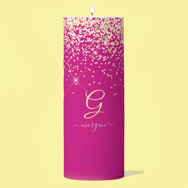 Gold Glitter & Monogram White Script Name, Fuchsia Pillar Candle (Creator Uploaded)