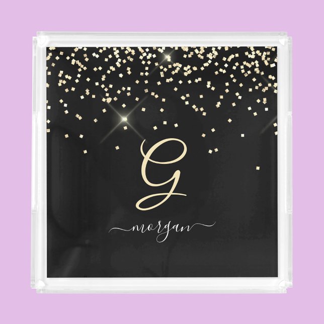 Gold Glitter & Monogram White Script Name on Black Acrylic Tray (Creator Uploaded)