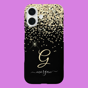 Gold Glitter & Monogram White Script Name on Black iPhone 16 Case