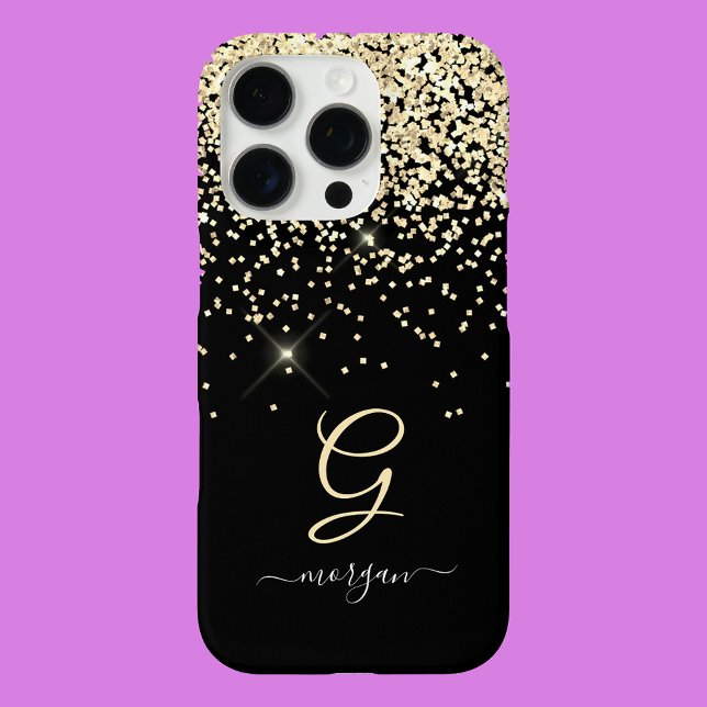 Gold Glitter & Monogram White Script Name on Black Case-Mate iPhone Case (Creator Uploaded)