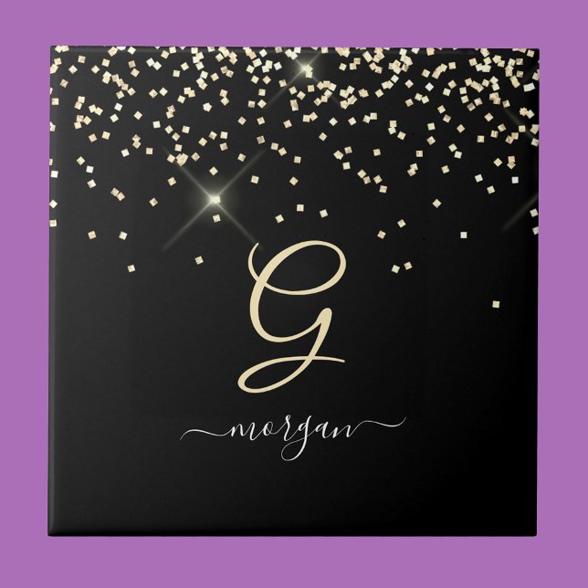Gold Glitter & Monogram White Script Name on Black Ceramic Tile (Creator Uploaded)