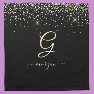 Gold Glitter & Monogram White Script Name on Black Cloth Napkin