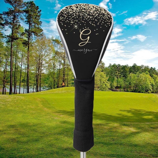 Gold Glitter & Monogram White Script Name on Black Golf Head Cover (Creator Uploaded)