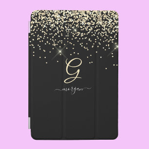 Gold Glitter & Monogram White Script Name on Black iPad Mini Cover