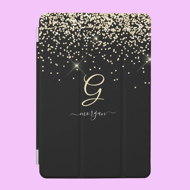 Gold Glitter & Monogram White Script Name on Black iPad Mini Cover (Creator Uploaded)
