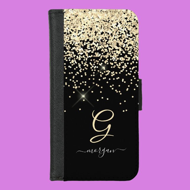 Gold Glitter & Monogram White Script Name on Black iPhone Wallet Case (Creator Uploaded)