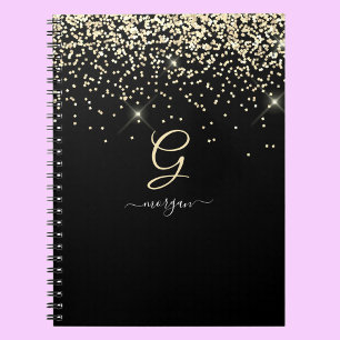 Gold Glitter & Monogram White Script Name on Black Notebook