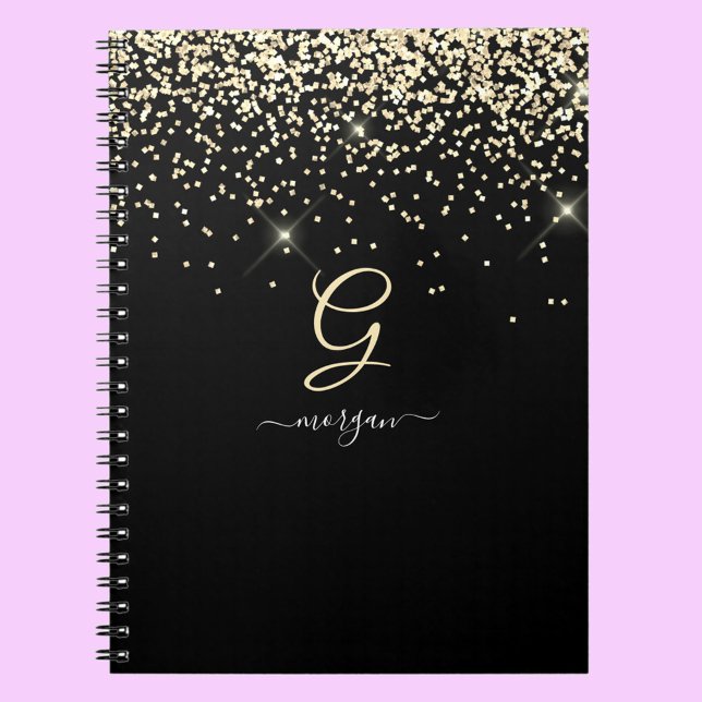 Gold Glitter & Monogram White Script Name on Black Notebook (Creator Uploaded)
