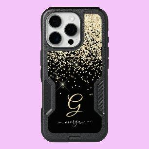 Gold Glitter & Monogram White Script Name on Black iPhone 16 Pro Case
