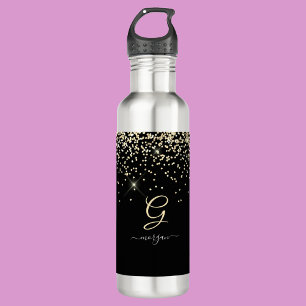 Gold Glitter & Monogram White Script Name on Black Stainless Steel Water Bottle